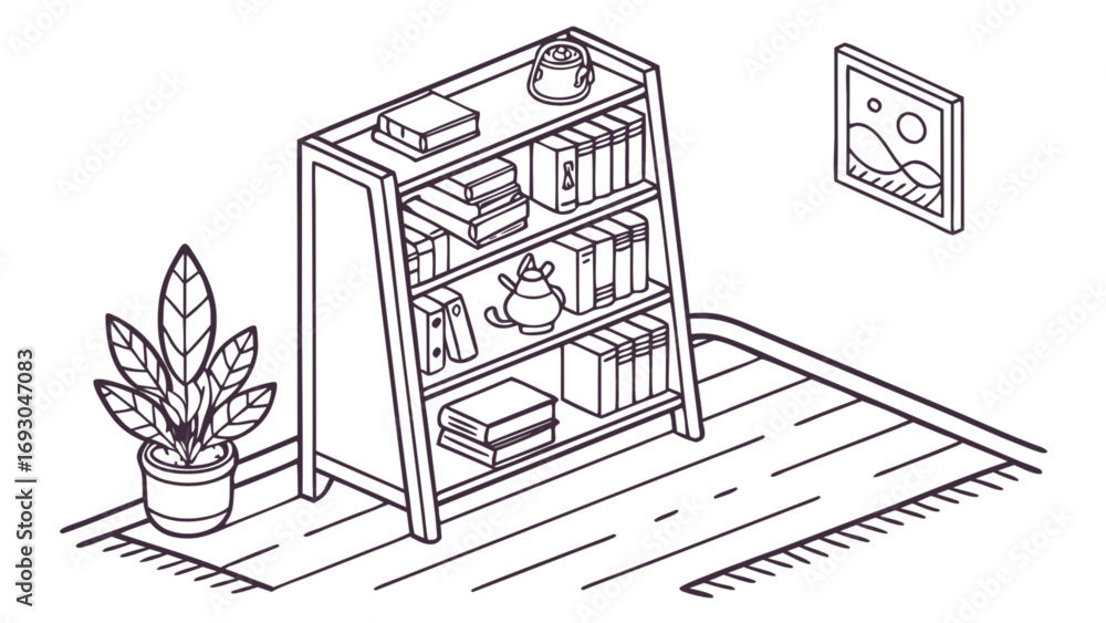 Fototapeta premium Isometric Line Drawing of a Wooden Bookshelf with Books Decorative Items and a Potted Plant vector.