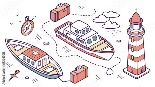 Isometric Illustration of Two Boats with Detailed Design and Style vector.