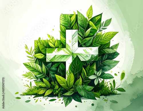 Green Plus Sign with Lush Foliage