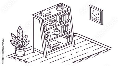 Isometric Line Drawing of a Wooden Bookshelf with Books Decorative Items and a Potted Plant vector.