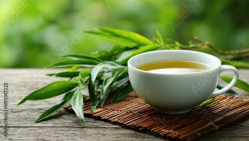 A cup of tea surrounded by leaves