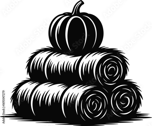 Hay Bale and Pumpkin Silhouette Vector Illustration A Black and White Design Featuring Stacked Bales and a Pumpkin, Perfect for Fall and Harvest Themes
