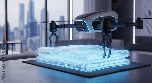 Smart home future drone folding clothes with city skyline view
