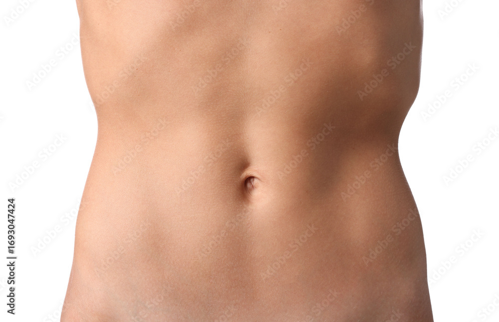 Fototapeta premium Woman with flat belly on white background, closeup