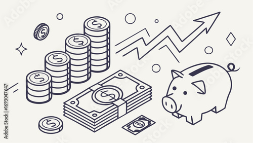 Hand Drawn Line of Savings, Investment and Financial Growth Concept, Showing Piggy Bank, Stacked Coins, Cash and Upward Graph Arrow, Representing Money Saving vector.