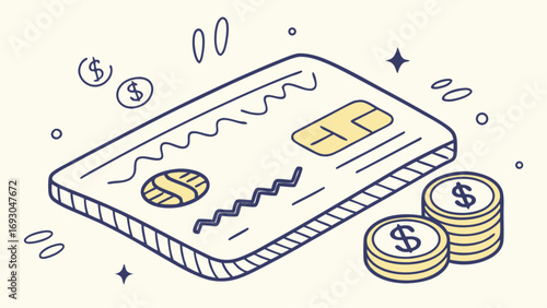 Hand Drawn Line of Credit Card and Digital Payment Finance Concept, Showing Bank Card with Chip and Stacked Coins, Representing Cashless Payment, Online Shopping vector.