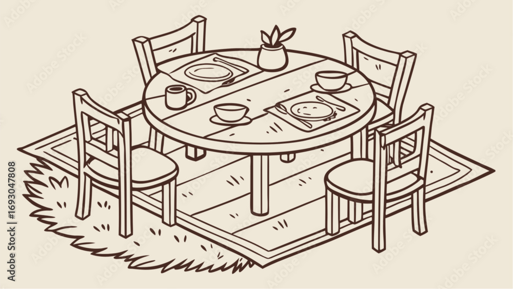 Obraz premium Hand Drawn Line of Cozy Home Dining Table Setup and Family Meal Concept, Showing Wooden Table with Plates, Bowls, Cutlery and Chairs Placed on Rug, Representing Home Dinner, Breakfast vector.