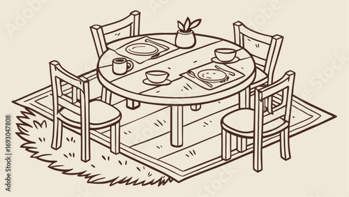 Hand Drawn Line of Cozy Home Dining Table Setup and Family Meal Concept, Showing Wooden Table with Plates, Bowls, Cutlery and Chairs Placed on Rug, Representing Home Dinner, Breakfast vector.