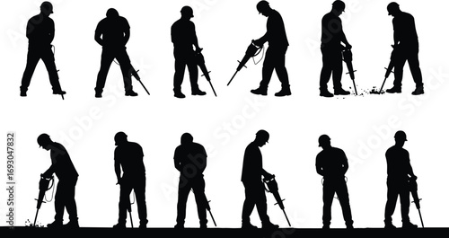 Construction worker using jackhammer silhouette, demolition, breaking concrete, industrial site, road repair, safety gear, heavy equipment vector illustration.