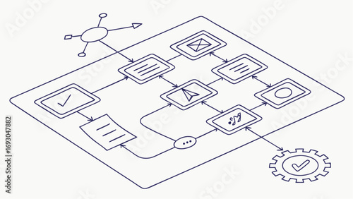 Isometric Line of Digital System Architecture and Software Development Workflow, Showing Connected UI Screens, Data Nodes, API Blocks, Network Paths and Gear on Tablet Interface.