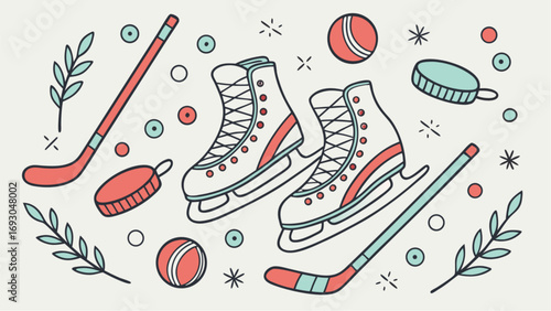 Hand Drawn Doodle Style of Ice Skates with Hockey Stick and Puck, Winter Sports Equipment and Ice Hockey Recreation Concept Vector. 