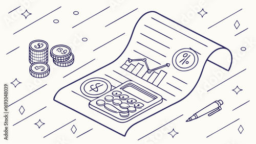 Hand Drawn Doodle Style of a Financial Invoice with Calculator, Coins, and Pen, Accounting, Budget Planning, and Business Finance Concept Vector. This creative features.