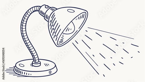 Hand Drawn Doodle Style of a Desk Lamp with Light Rays, Modern Table Lighting and Home Office Concept Vector. This creative features a flexible desk lamp.