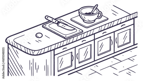 Hand Drawn Doodle Style of a Kitchen Sink Counter with Cup and Drainboard, Modern Home Kitchen Interior and Washing Area Concept Vector. This creative features a kitchen.