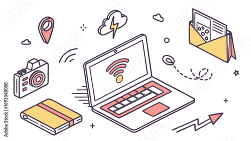 Hand Drawn Doodle Style of a Laptop with Wi-Fi Signal Surrounded by Digital Devices, Online Work, Remote Communication, and Internet Technology Concept Vector. This creative. 