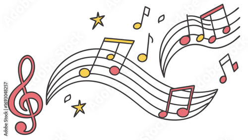 Playful hand-drawn illustration of colorful musical notes and a treble clef on flowing wavy staves.
