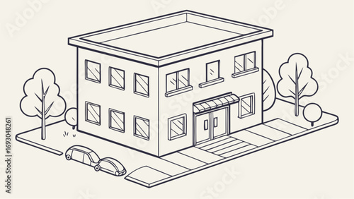 Isometric Drawing of a Two-Story Commercial Building with Parking.