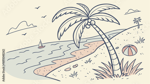 Hand-Drawn Tropical Beach Scene with Palm Tree and Ocean View.