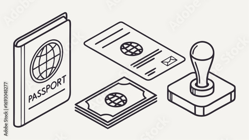 Isometric line art of passport money and stamp for travel.
