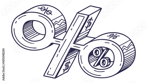 Hand drawn 3D percentage sign vector  with dollar and graph symbols in a sketch style.