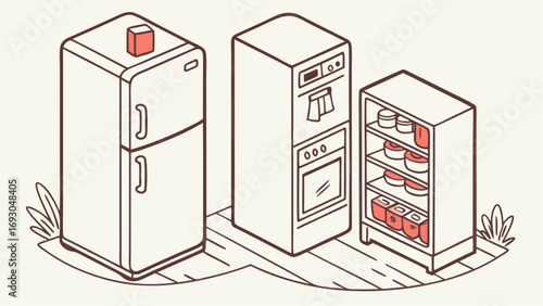 Isometric Illustration of Three Kitchen Appliances: Refrigerator Combination Oven and Pantry.