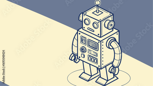 Isometric Line Art Robot vector with Square Head and Cylindrical Arms.