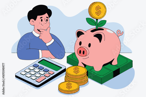 Cartoon Person Saving Money with Piggy Bank, Coins, and Budgeting Tools on Table