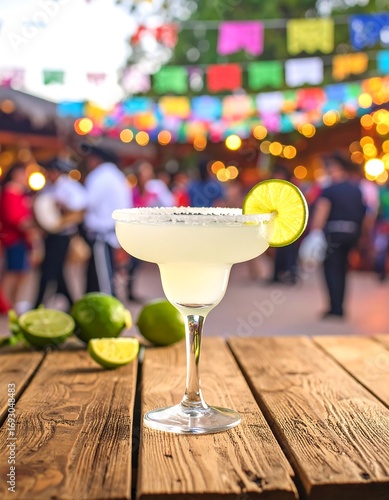 Margarita cocktail on rustic wooden table outdoors with blurred festive background