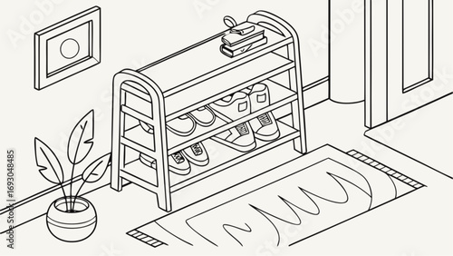 Minimalist isometric line art shoe vector  rack filled with various sneakers featuring rounded frame details.