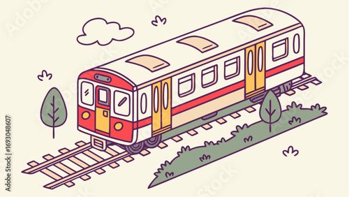Cute isometric cartoon illustration of a retro passenger train car on a railway track.