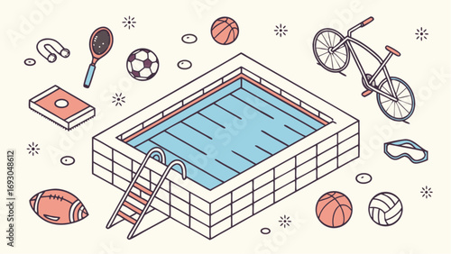 Isometric Sports and Recreation Illustration with Pool Balls and Bicycle.