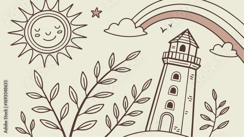 Whimsical hand-drawn coastal scene with a cute smiling sun lighthouse and rainbow.