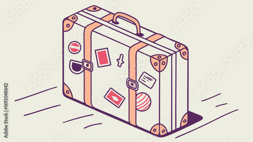 Illustrated Vintage Suitcase with Stickers Straps and Handle Ready to Travel.