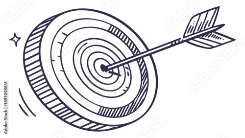 Hand-drawn sketch of an arrow hitting the bullseye of a round target with shading.