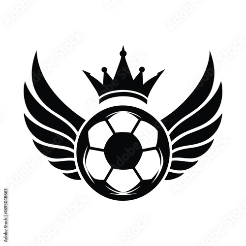 Striking black silhouette emblem featuring a soccer ball crowned with royal headwear and majestic spreading wings symbolizing victory and championship