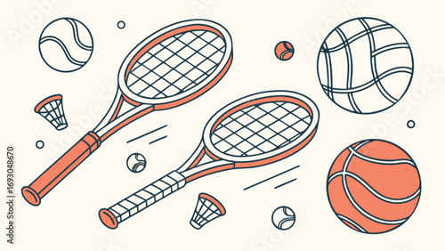 Two Isometric Vector-Style Tennis Rackets with Orange and White Details.