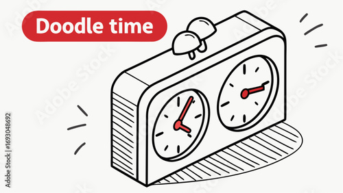 Isometric doodle of a classic analog chess clock with two faces and red hands.