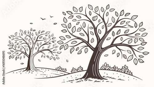 Artistic hand-drawn sketch of two stylized trees with flowing leaves on a gentle landscape.