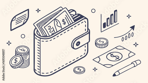 Stylized illustration of a leather wallet filled with cash and coins.