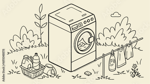 Cartoon washing machine with laundry basket and clothesline.