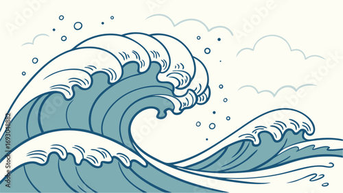 Stylized Teal and White Ocean Waves Illustration Japanese-Inspired Design.