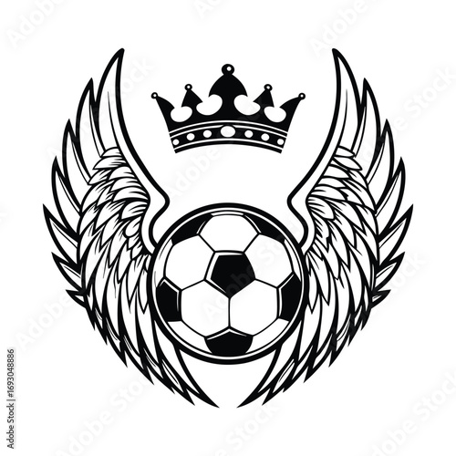 Symbolic illustration of a soccer ball with outstretched wings and a royal crown above representing victory and championship in the sport of football