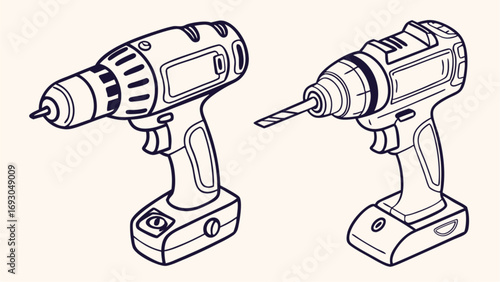 Hand-drawn line art illustration of two cordless power drills a driver and a drill with a bit.