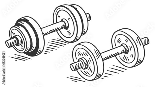 Two hand-drawn dumbbells with weight plates illustrated in a classic black and white vintage sketch style.