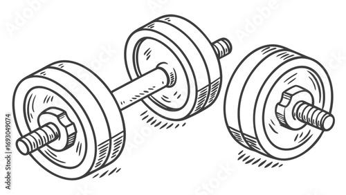 Vintage-style sketch of a disassembled adjustable dumbbell with threaded bar and screw collars.