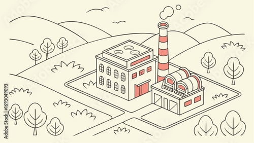 Isometric Illustration of a Modern Industrial Factory with Chimney.