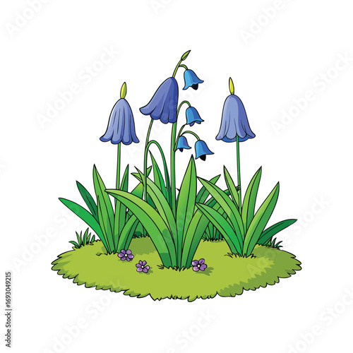 Enchanting bluebell garden scene with lush green grass on a clean white background