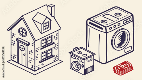 Isometric Illustration of a Brick House Washing Machine and Dryer with Cash.