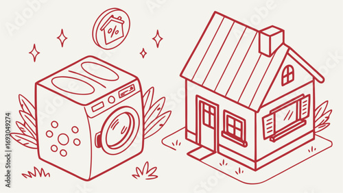 Isometric Illustration of a Washing Machine and a House Financial Concept.