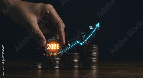 2026 Financial Growth: Hand Placing Coin on Stack with Upward Arrow Graph